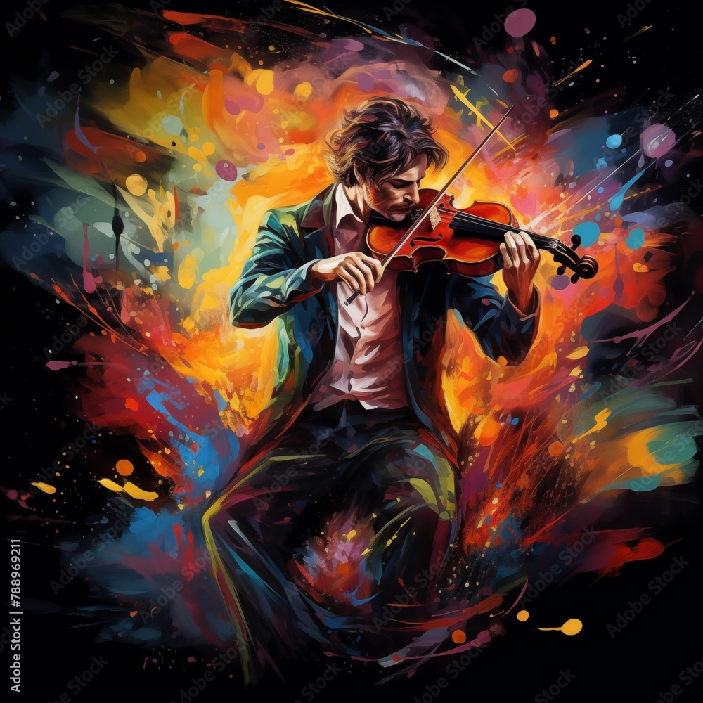 Fototapeta premium Abstract and colorful illustration of a man playing violin on a black background