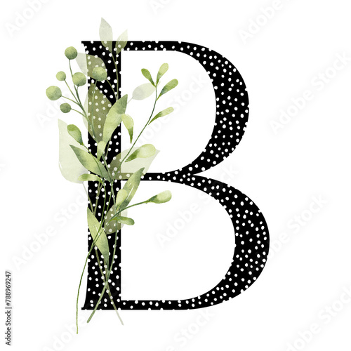 Letter B, floral monogram with watercolor leaf. Letterhead, initial perfectly for wedding invitation, greeting card, logo, poster and other design. Holiday design hand painting.