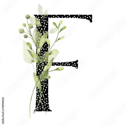 Letter F, floral monogram with watercolor leaf. Letterhead, initial perfectly for wedding invitation, greeting card, logo, poster and other design. Holiday design hand painting.