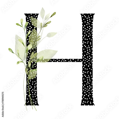 Letter H, floral monogram with watercolor leaf. Letterhead, initial perfectly for wedding invitation, greeting card, logo, poster and other design. Holiday design hand painting. © Larisa