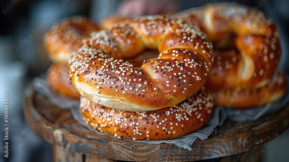 Freshly baked bagel with sesame seeds on a wooden table. Generative Ai