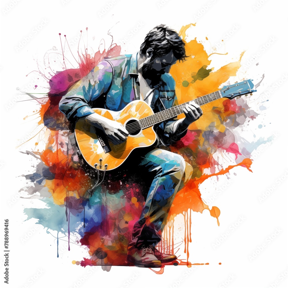Obraz premium Abstract and colorful illustration of a man playing guitar on a white background