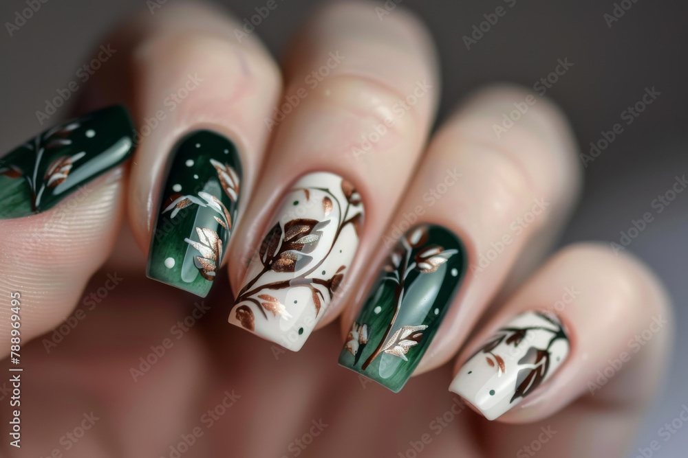 Autumn inspired green and white nail design with brown autumn leaves on green and white background for fall season Autumn inspired green and white nail design with brown autumn leaves on green and white background for fall season