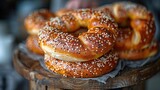 Freshly baked bagel with sesame seeds on a wooden table. Generative Ai