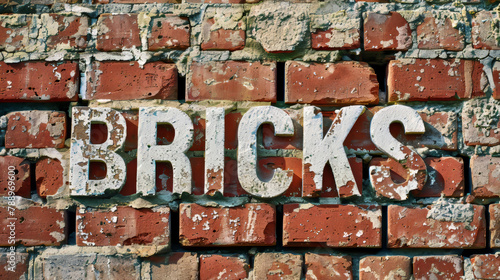 Red bricks wall background with written word Bricks on it