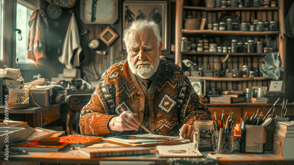 Senior Craftsman Engrossed in Artistic Creation in Cozy Studio Senior Craftsman Engrossed in Artistic Creation in Cozy Studio
