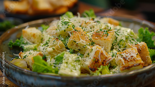 A delicious Caesar salad featuring bread, tomato, and more.