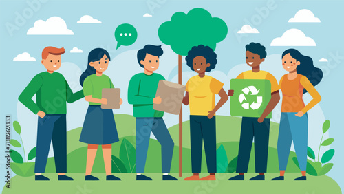 A group of neighbors gather around a sign discussing the best ways to repurpose recycled materials for their garden highlighting their