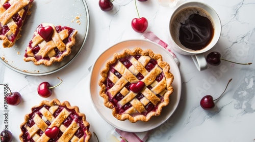 Valentine s Day celebration idea how about a grand cherry pie alongside adorable heart shaped cherry pies served with a steaming cup of coffee all captured beautifully from a top down persp photo