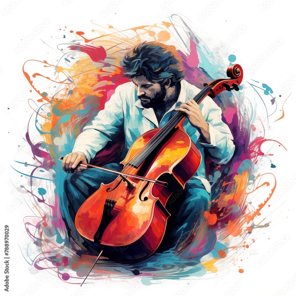 Abstract and colorful illustration of a man playing cello on a white background
