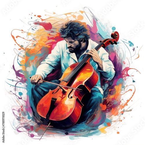 Abstract and colorful illustration of a man playing cello on a white background