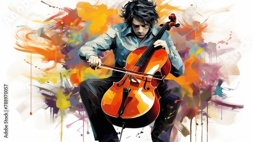 Abstract and colorful illustration of a man playing cello on a white background