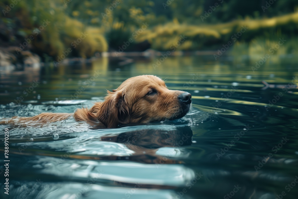 Golden Retriever Swimming in Serene Pond at Dusk