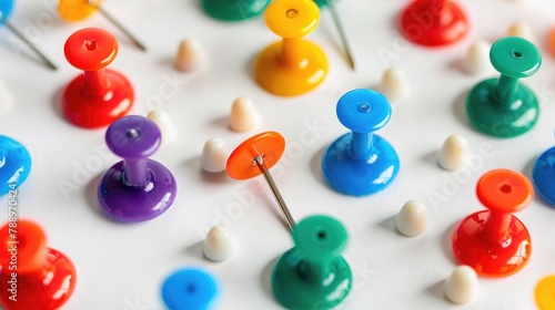 Multicolored push pins on the white table. Close up. Selective focus ,Pin board texture for background and colorful pins, close up push pin with white background,The beauty of multi-purpose pins 
