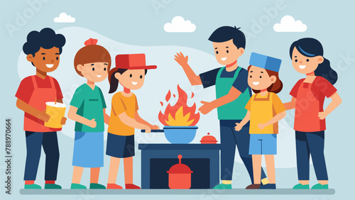 A group of students practicing how to safely put out a kitchen fire during a disaster preparedness workshop hosted by the local fire
