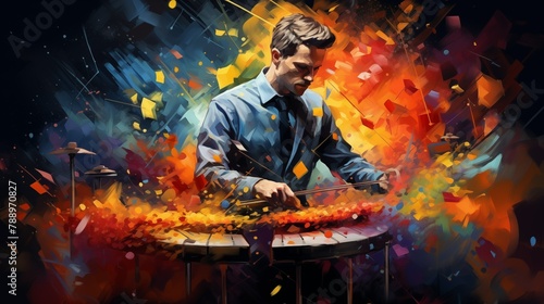 Abstract and colorful illustration of a man playing xylophone on a black background © Philipp