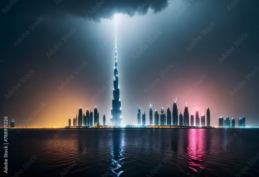 Fototapeta premium Dubai Heavy rains lash UAE, Rainfall in Dubai Climate Change, United Arab Emirates Flood