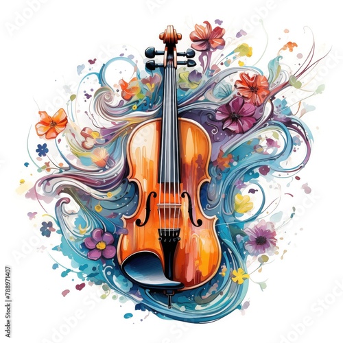 Abstract and colorful illustration of a violin on a white background with flowers