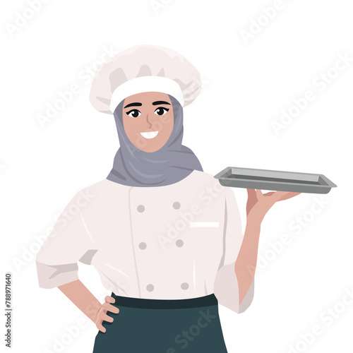 Young muslim woman with chef uniform holding an empty tray. Flat Vector Illustration Isolated on White Background