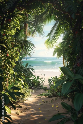 3D animated tropical gateway  serene beach landscape  realistic waves and lush foliage