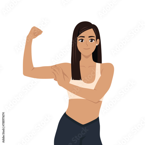 young latina woman showing hands muscles flexing her bicep with sports wear. Flat Vector Illustration Isolated on White Background