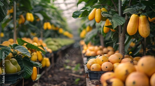 Papayas are cultivated in a lush garden alongside exotic fruits, with plantations of papaya trees and diverse tropical plants producing ripe, nutritious fruits in enclosed structures. photo