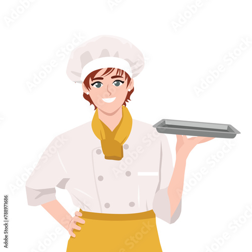 Young woman with chef uniform holding an empty tray. Flat Vector Illustration Isolated on White Background