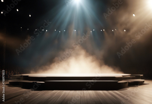 Generated smoke rays performance clouds artificial intelligence spotlights An empty stage studio room dance ballet hall show interior background old spotlight school art photo