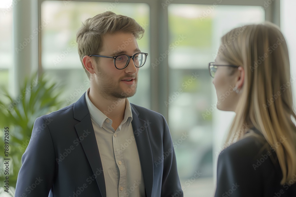 young business man and woman talking in the office, a conversation during a meeting in a modern conference room. presenting to a colleague about launching a new product or service. generative AI young business man and woman talking in the office, a conversation during a meeting in a modern conference room. presenting to a colleague about launching a new product or service. generative AI