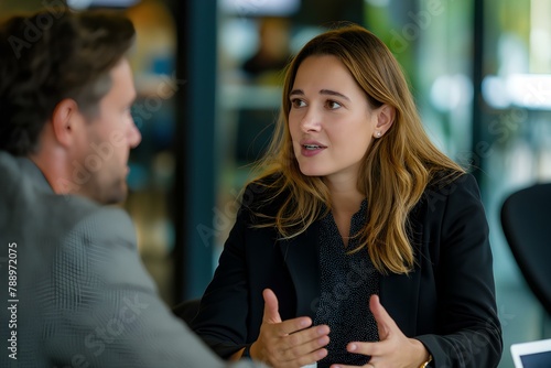 young business man and woman talking in the office, a conversation during a meeting in a modern conference room. presenting to a colleague about launching a new product or service. generative AI