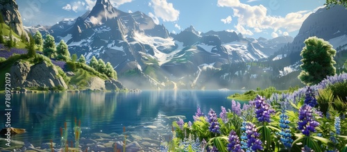Beautiful lake surrounded by majestic mountains with lupins in full bloom.
