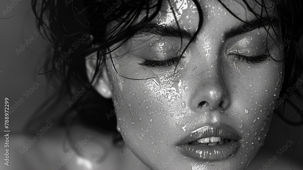 Closeup portrait of young beautiful woman with wet hair and makeup. Generative Ai. 