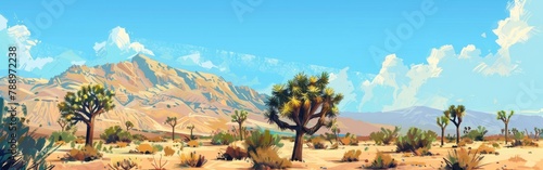 A painting of a desert landscape with a mountain in the background photo