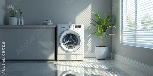Contemporary gray laundry area with a washing appliance.