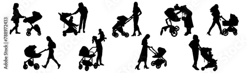 A set of vector silhouette illustrations of a mother carrying a baby carriage for international mother's day celebrations