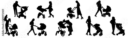 A set of silhouette illustrations of a mother carrying a baby carriage for international mother's day celebrations vector