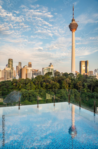 Photography Kuala Lumpur cityscape,with KL Tower,viewed from rooftop swimming pool,Malaysia