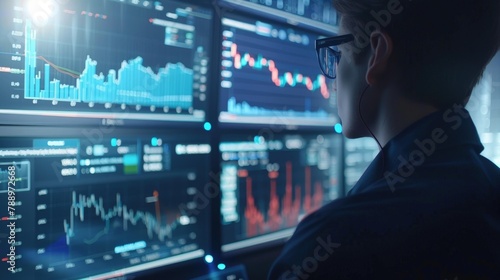 A close-up of a financial analyst in a futuristic office, analyzing real-time financial charts and data across several high-resolution monitors. The office is well-lit, emphasizing clarity and focus.