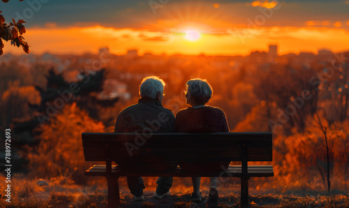 Elderly couple sitting on a bench, enjoying a beautiful evening sunset. Perfect for family love, grandparents day, and couples day concept.