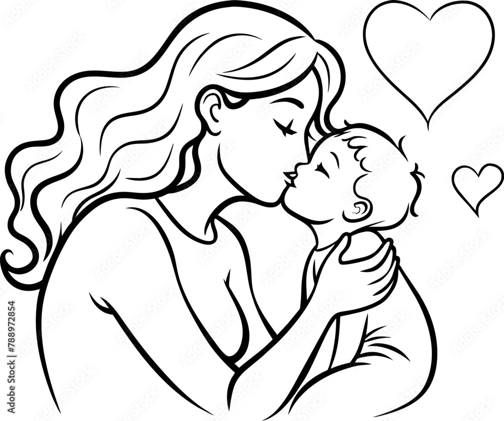 drawing of a mother kissing her baby in the middle of a mothers day card, one line drawing drawing of a mother kissing her baby in the middle of a mothers day card, one line drawing