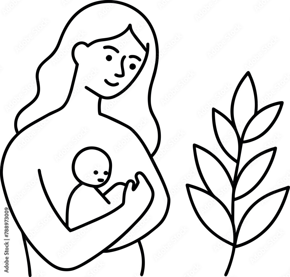 woman holding a baby in her arms and a plant behind her, one line drawing, one-line drawing, one - line drawing, one line art woman holding a baby in her arms and a plant behind her, one line drawing, one-line drawing, one - line drawing, one line art