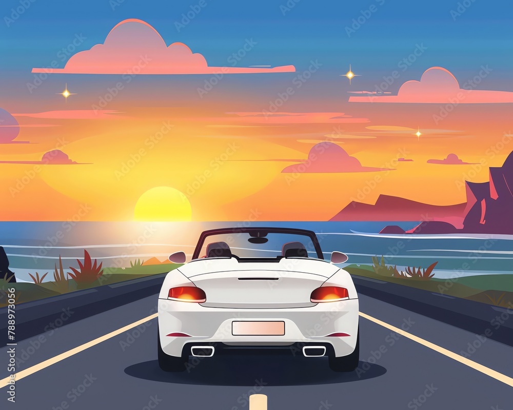 Minimalistic flat design depicting a road trip adventure, convertible on a coastal highway, sunset background