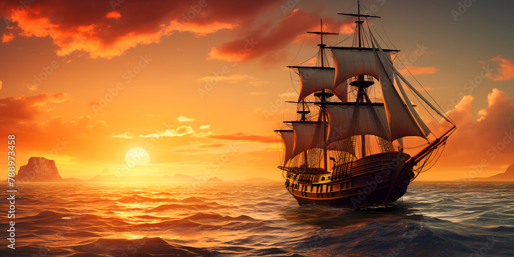 ship at sunset, Caravel on the sunset background, A sailboat is sailing in the ocean with the sun setting behind it., Beautiful seascape with ship banner, Generative AI