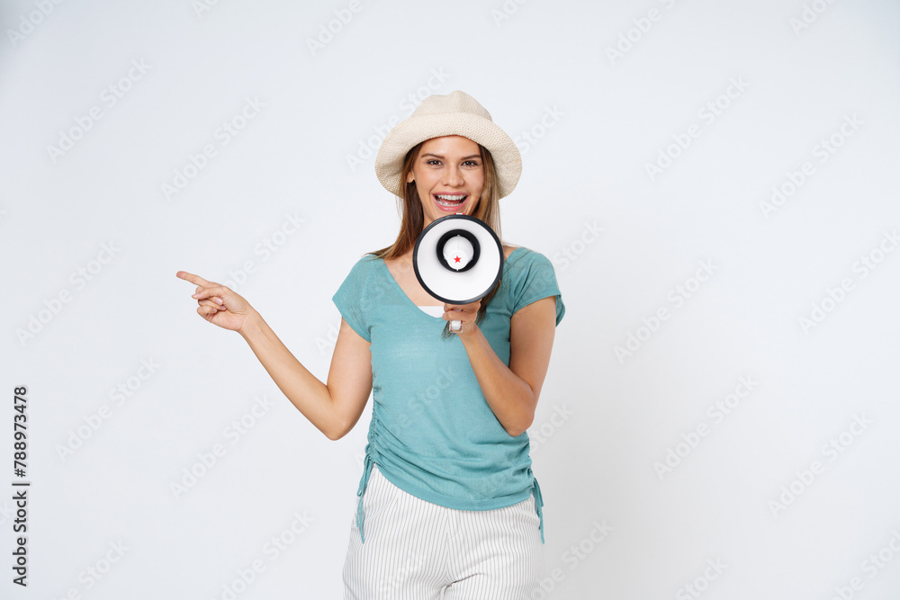 Smiling happy asian girl holding megaphone and pointing up, announcing discount promo, showing advertisement on top, standing over white background. Smiling happy asian girl holding megaphone and pointing up, announcing discount promo, showing advertisement on top, standing over white background.