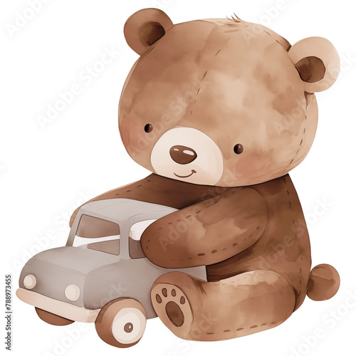 Brown teddy bear with a toy car illustration photo