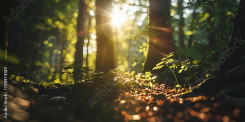 Defocused sunlight streaming through trees onto a forest floor