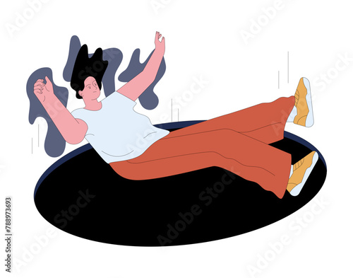 Fear of loosing control. Terrified young woman falls into the dark void