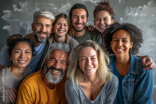 a diverse group of smiling people, featuring a mix of ethnicities and ages, closely standing together in a friendly group portrait