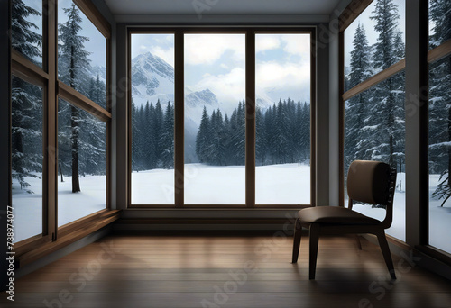 chairThere scene background decorate wood wooden render wall windows floor 3d big room ceiling snow fabric see nature look white out Empty seat There modern luxury living loft photo