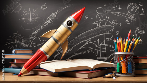 A model rocket on a desk in front of a blackboard covered in math equations